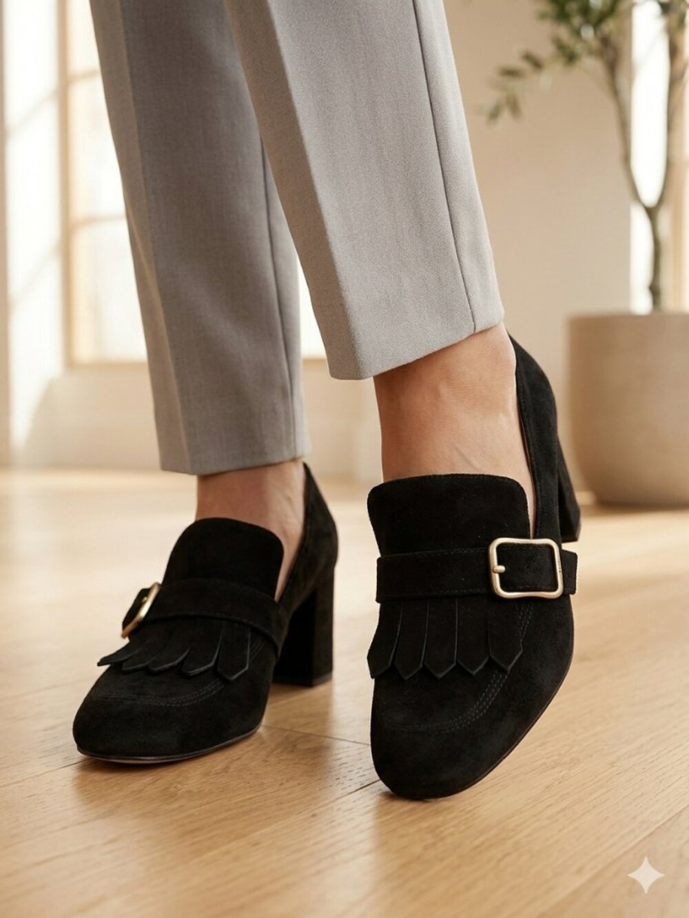 Vince Camuto Giuliann Suede Fringe Buckle Loafer Heels 7.5M Preppy Academia